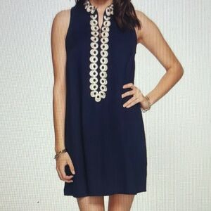 Lilly Pulitzer Jane Shilft Dress Navy and Gold Embroidered Sz 0